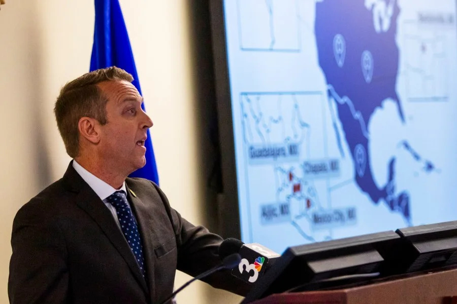 <em>FBI Las Vegas Special Agent in Charge Spencer Evans speaks about a romance scheme that turned deadly during a news conference in Las Vegas, Friday, Feb. 21, 2025. (AP Photo/Ty ONeil</em>)