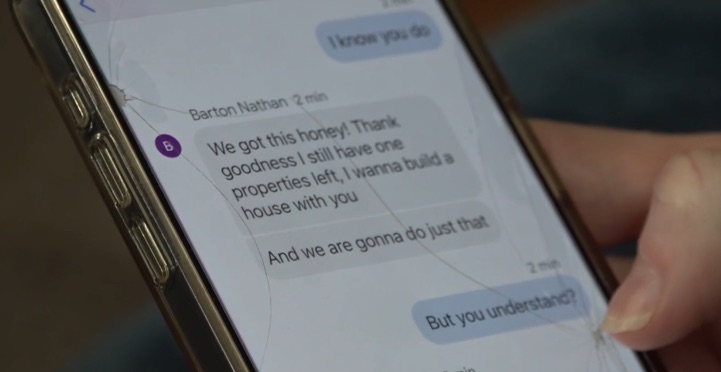 Text messages on a cracked phone screen show a conversation where someone asks for money to build a house.